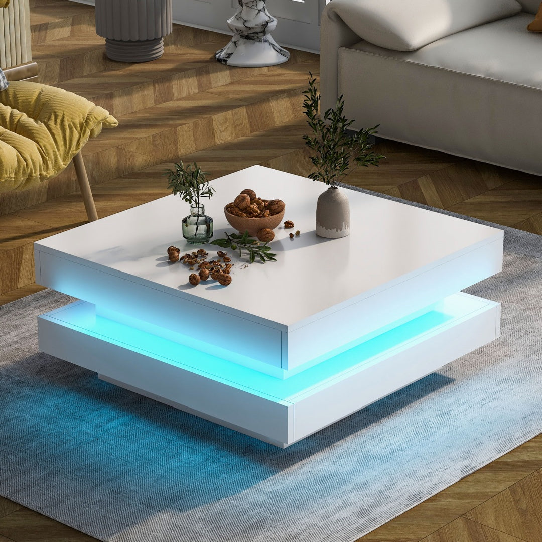 White Gloss Square Coffee Table Rotating Top LED Lights