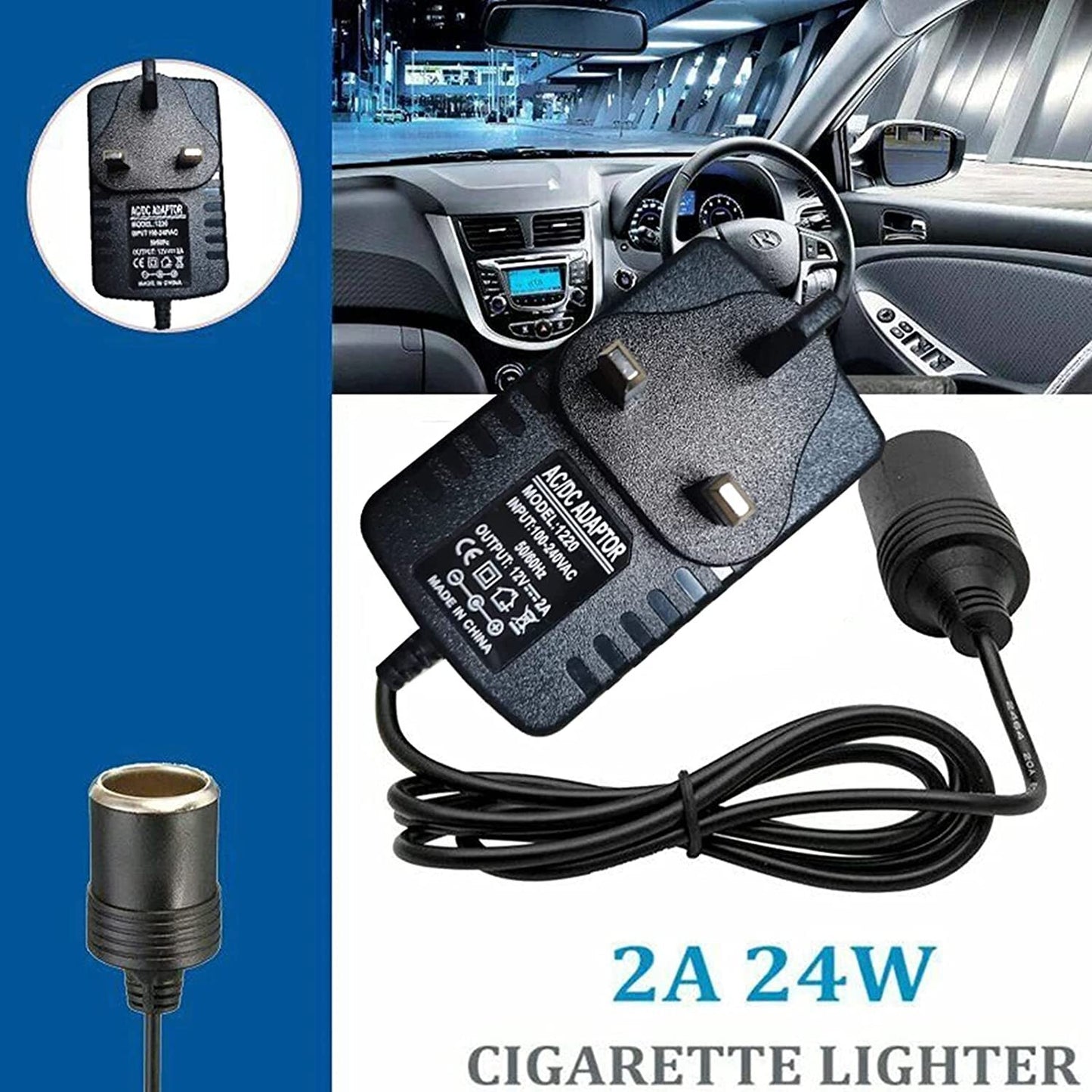 Cigarette Lighter Socket 240V Mains Plug To 12V Car Charger Power Adapter 20 W