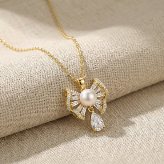Sterling Silver Bow Pearl Teardrop Pendant Elegant Jewelry