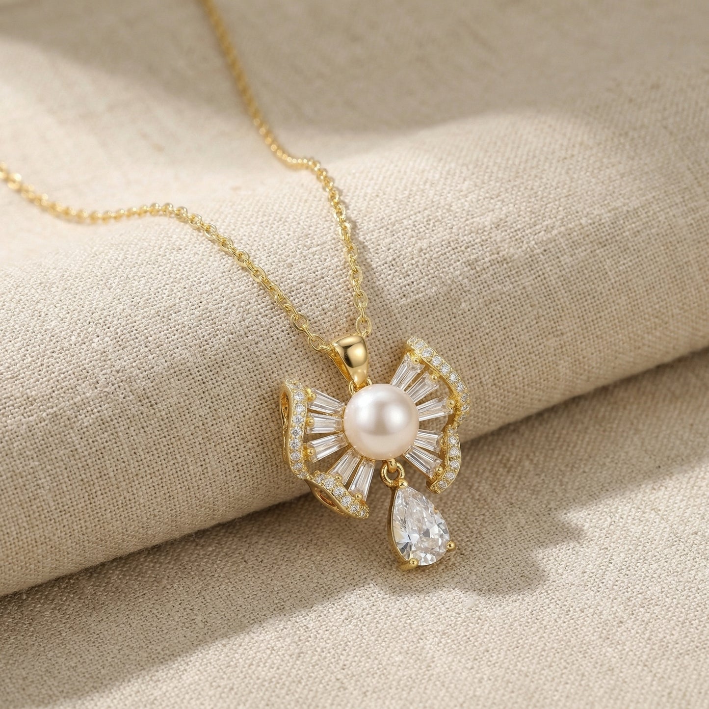 Sterling Silver Bow Pearl Teardrop Pendant Elegant Jewelry