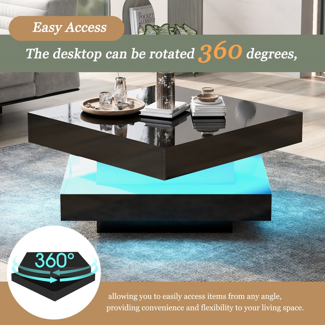 White Gloss Square Coffee Table Rotating Top LED Lights