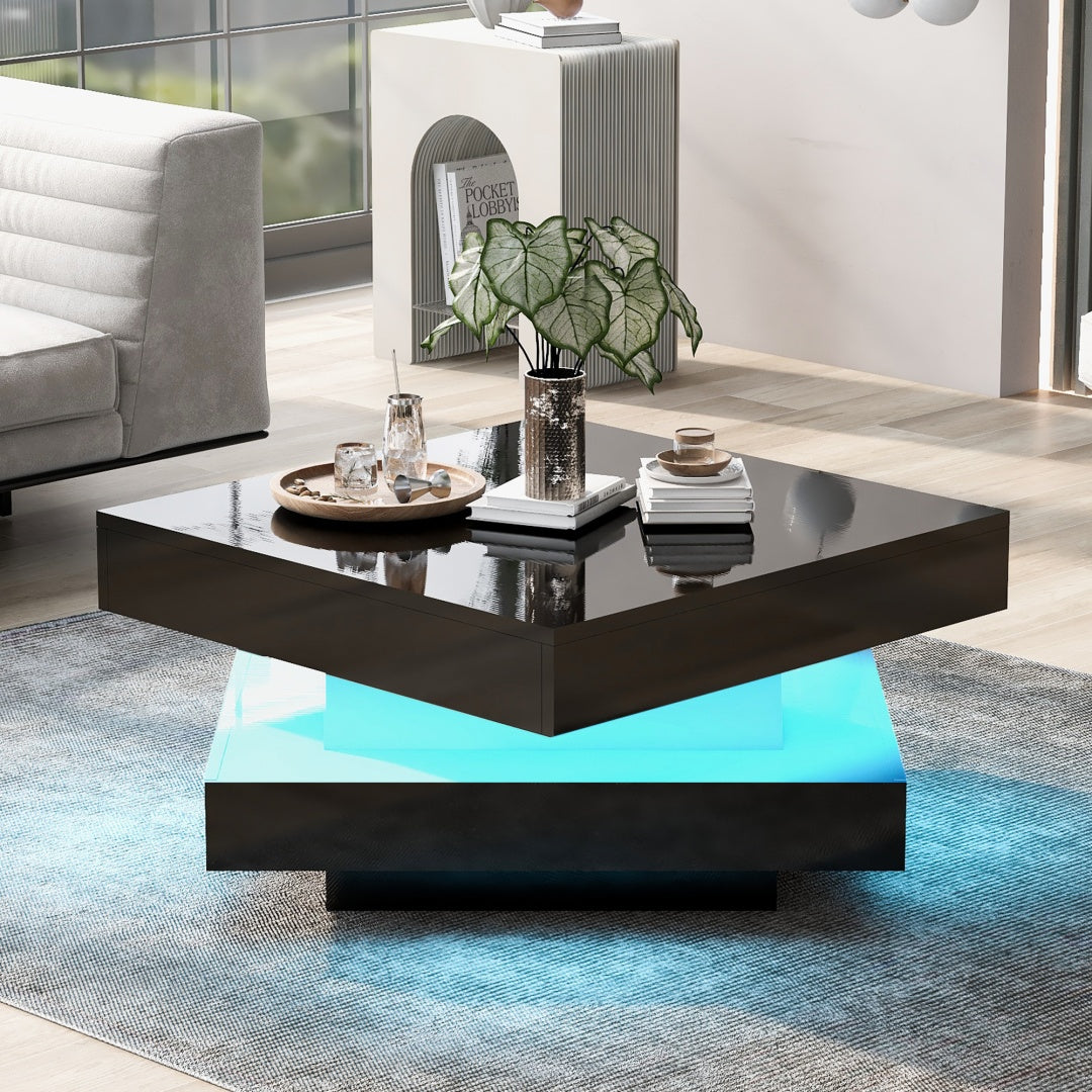 White Gloss Square Coffee Table Rotating Top LED Lights