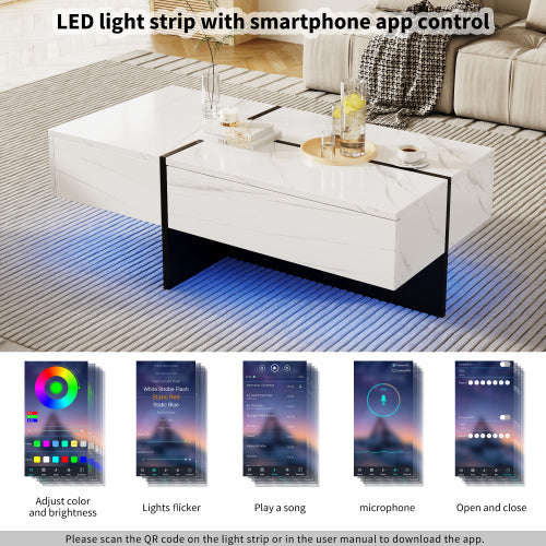 White Marble Gloss Coffee Table LED App Control