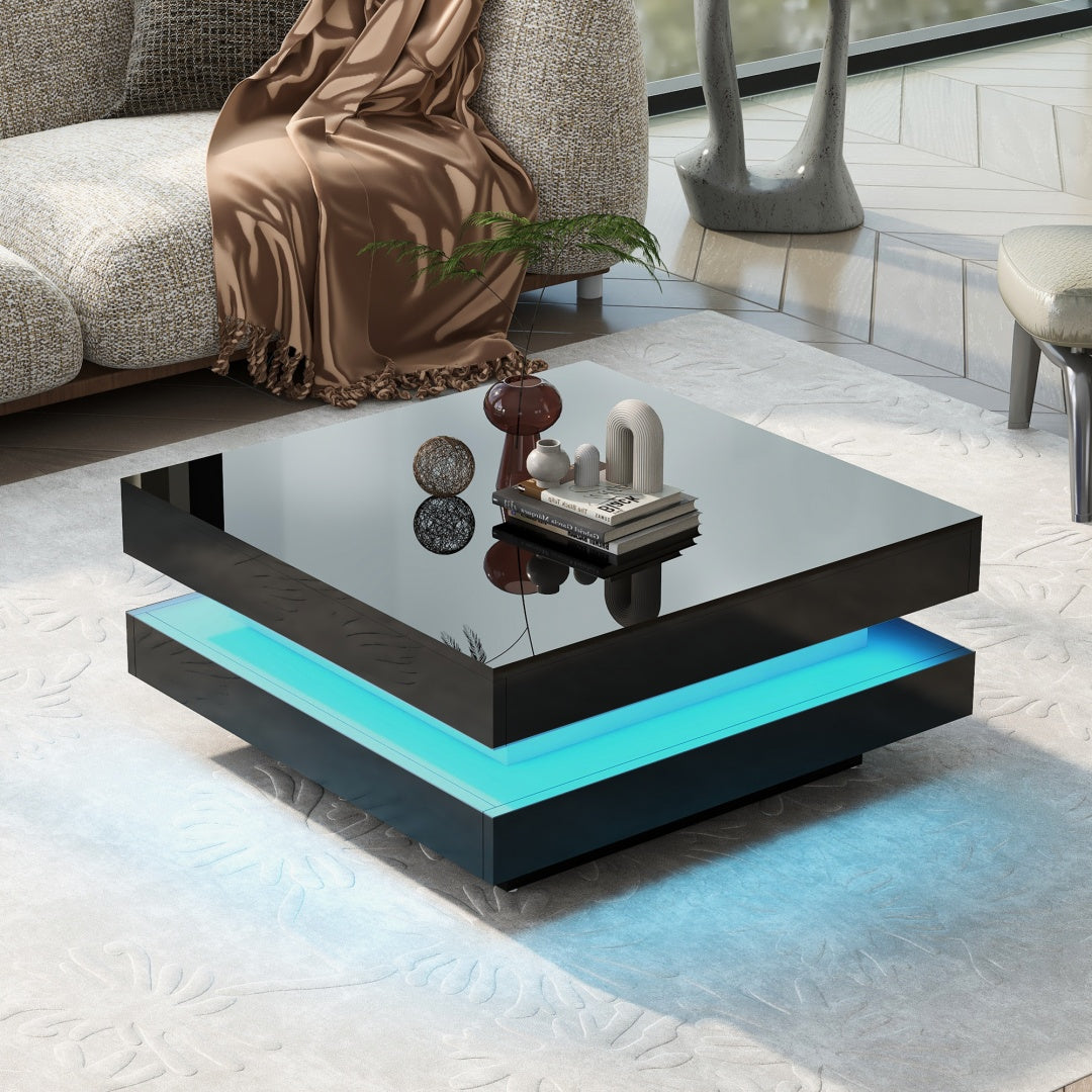 White Gloss Square Coffee Table Rotating Top LED Lights