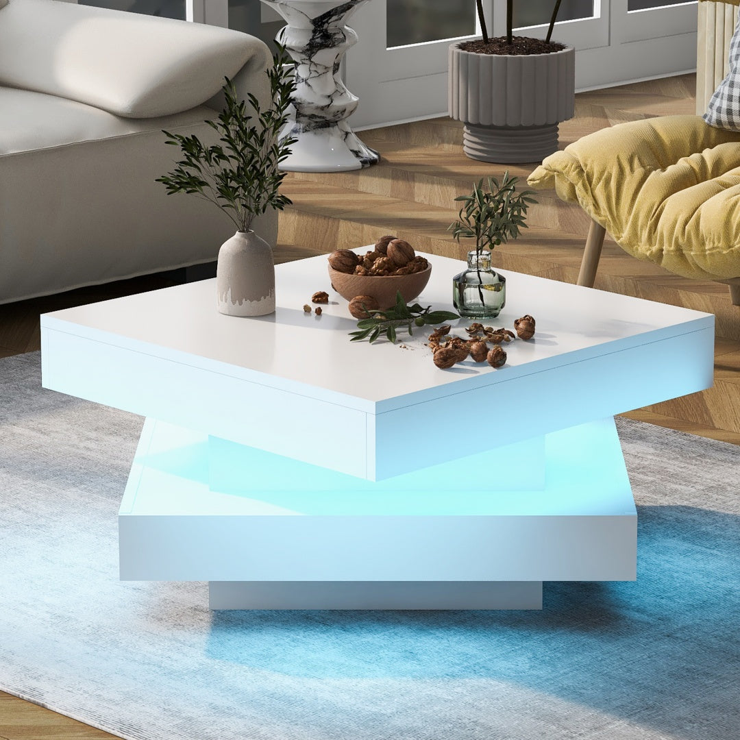 White Gloss Square Coffee Table Rotating Top LED Lights