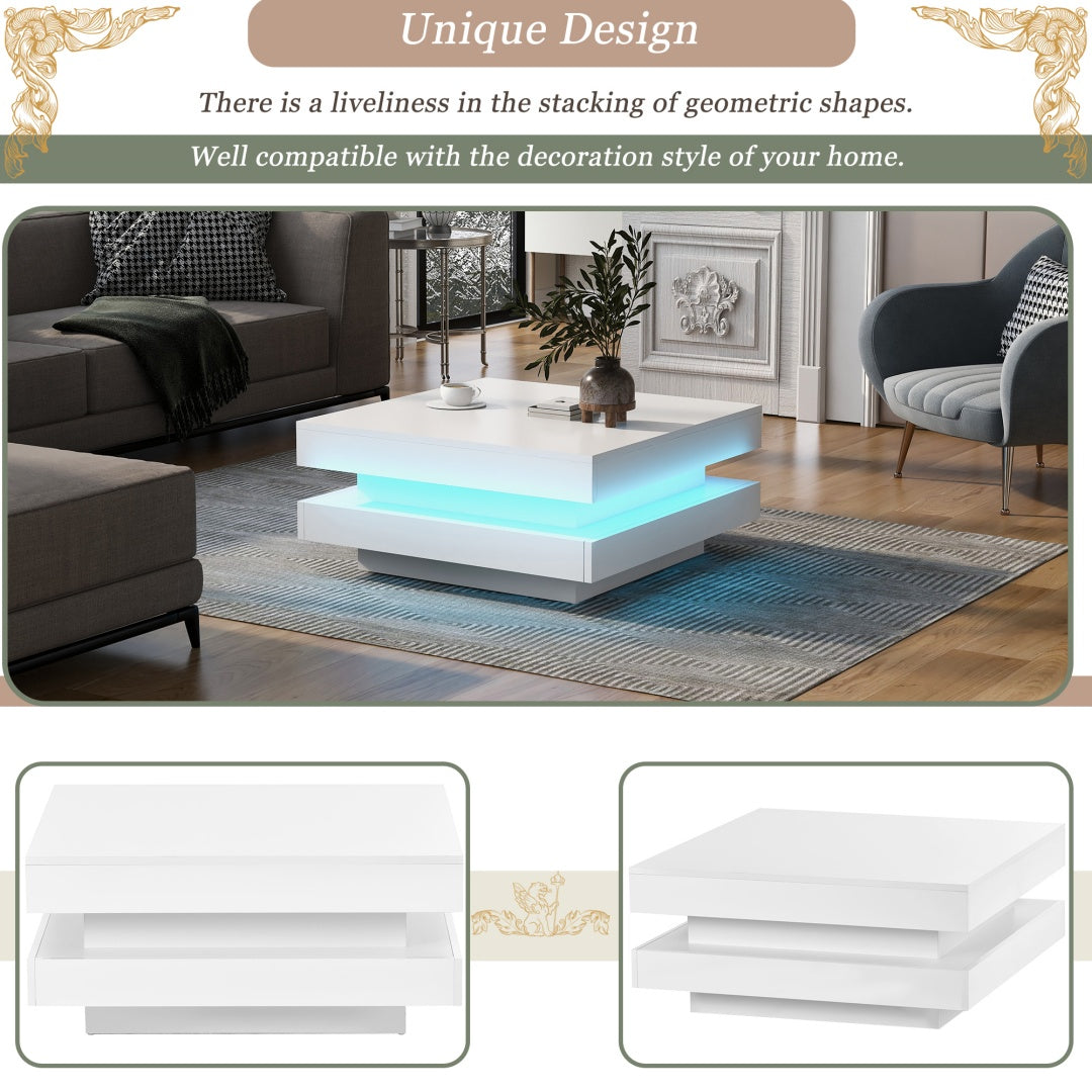 White Gloss Square Coffee Table Rotating Top LED Lights